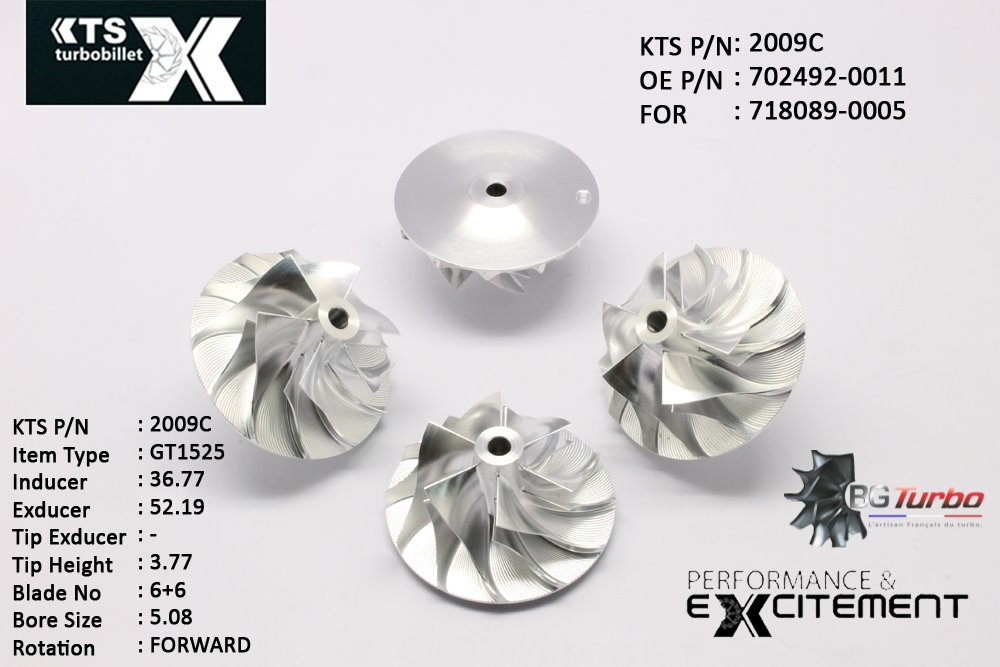 Turbo ROUE FORGÉE MFS PERFORMANCE - 6+6 PALES - INDUCER : 36,77 - EXDUCER : 52,19 - TYPE : GT15-25ANGLE : 50° - ROTATION : Forward - SUPER BACK : 2,39 - BORE SIZE : 5,08
